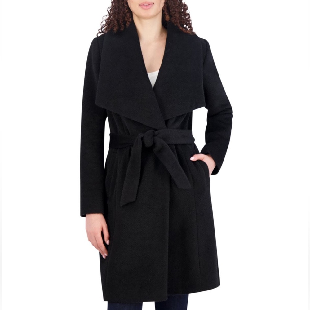 NEW WITH TAGS COLE HAAN BLACK BELTED WOOL BLEND COAT